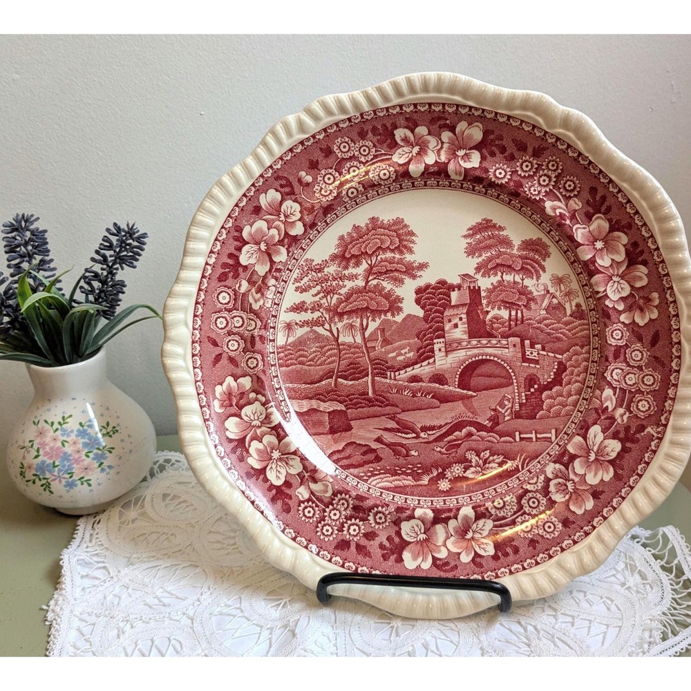 Vintage Copeland Spode's Tower Red Transferware Plate, Made in England,Scalloped